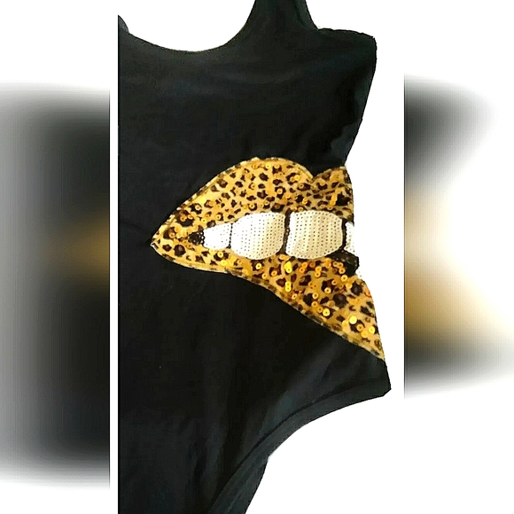 NEW One Piece Women's Swimsuit w/Cheetah Biting Lips in Sequins/Bling! Black (M) - Picture 2 of 5